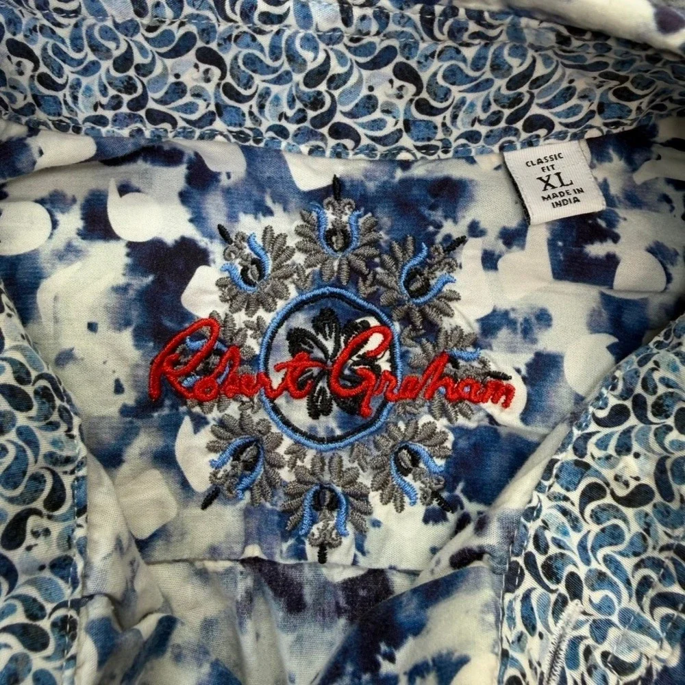Robert Graham Shirt Men XL Blue Abstract Tie Dye Short Sleeve Classic Fit Cotton